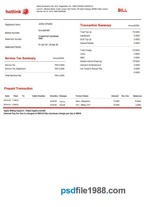 Malaysia Hotlink Utility Bill